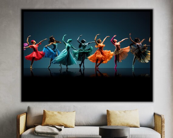 Seven Ballerinas In Colorful Tutus Dancing Line Dark Stage Art Poster