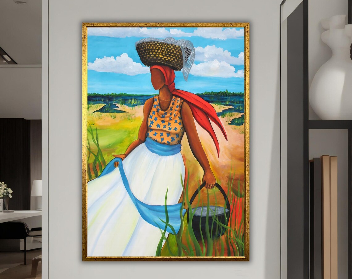 Woman Carrying Basket On Head Field Walk Folk Art Painting Poster