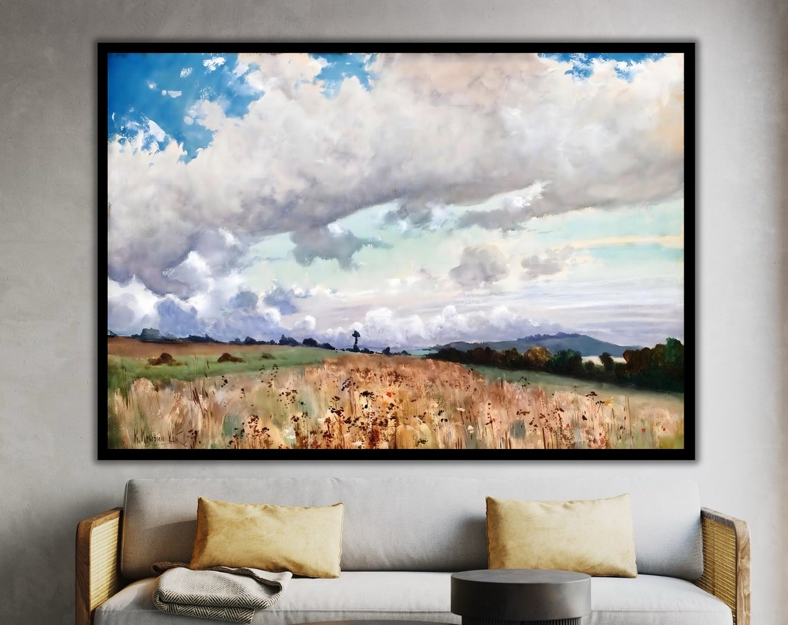 Golden Meadow Dramatic Clouds Impressionist Field Landscape Art Poster