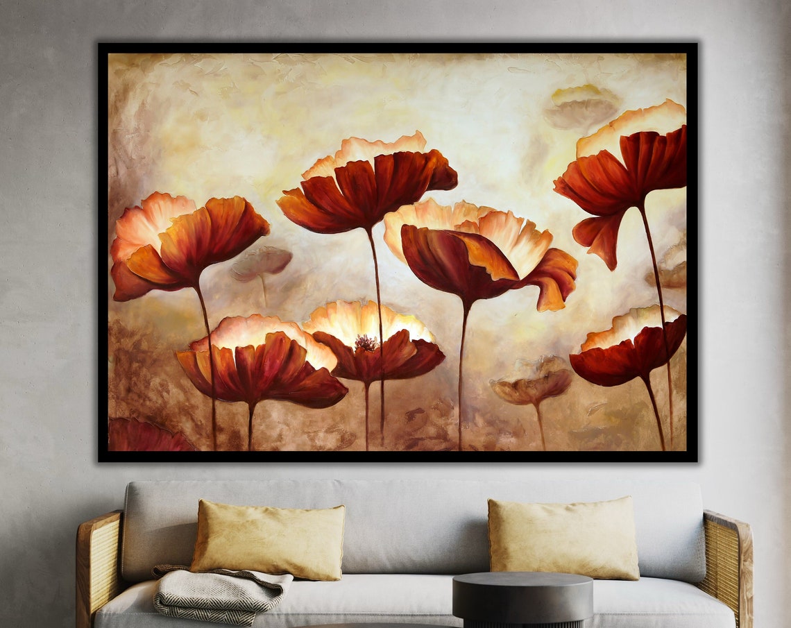 Sunset Poppy Flowers Textured Painting Warm Orange Red Blooms Wall Art