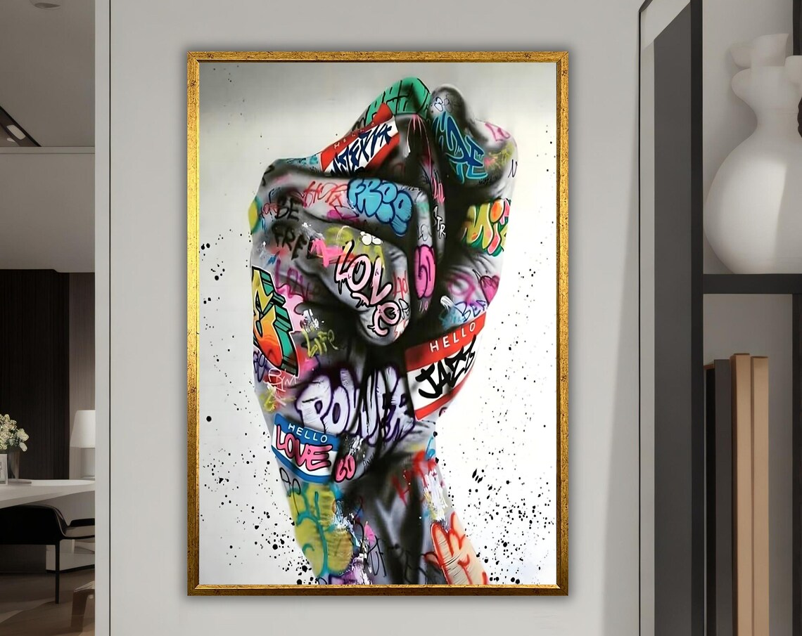 Graffiti Raised Fist Power Colorful Street Art Gold Frame Poster