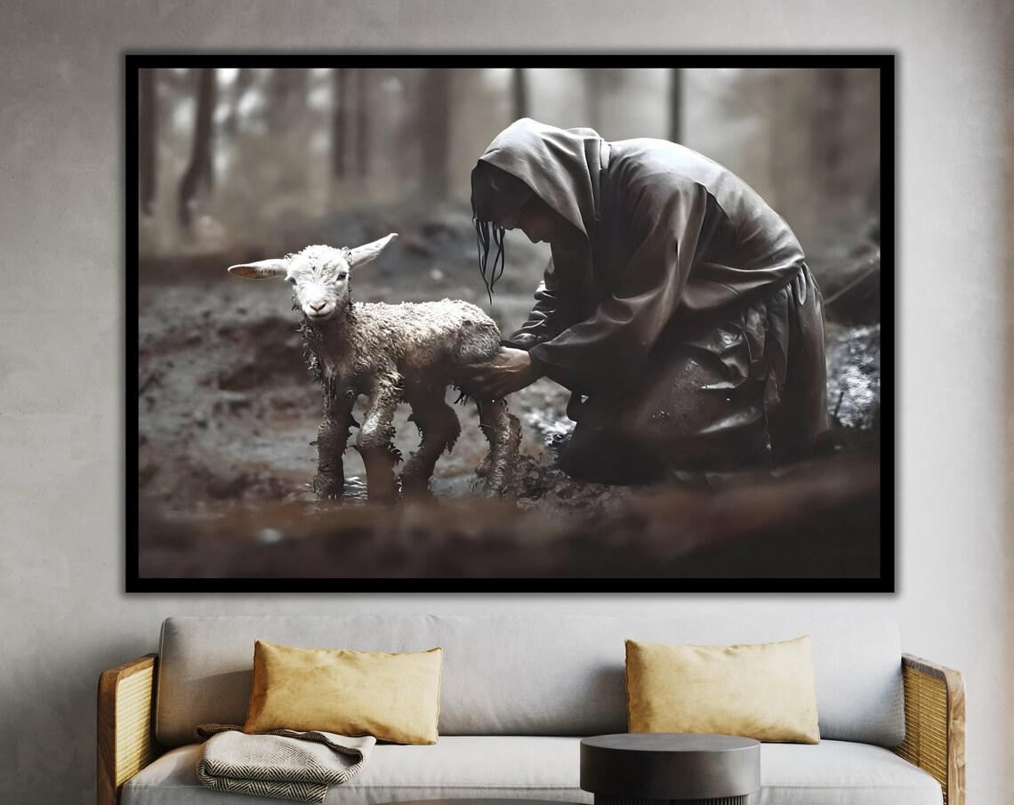Jesus Cleansing The Muddy Lamb Hooded Figure Moody Christian Art Poster