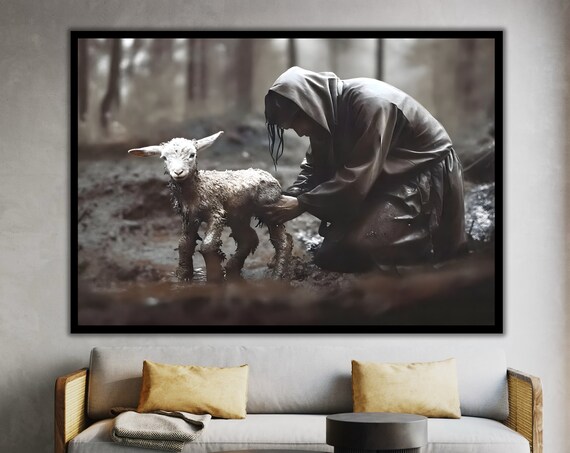 Jesus Cleansing The Muddy Lamb Hooded Figure Moody Christian Art Poster
