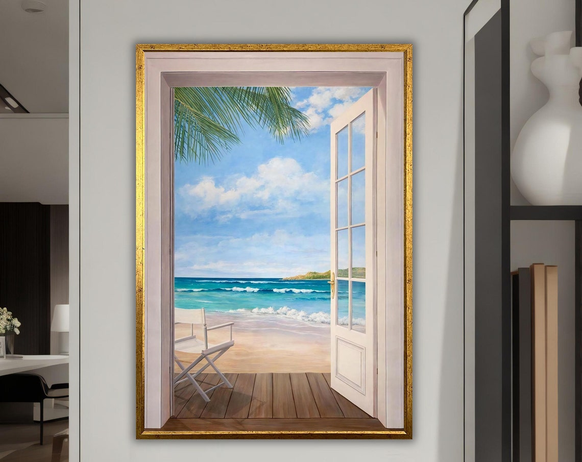 Open Door To Tropical Beach Window Illusion Ocean View Wall Art Poster