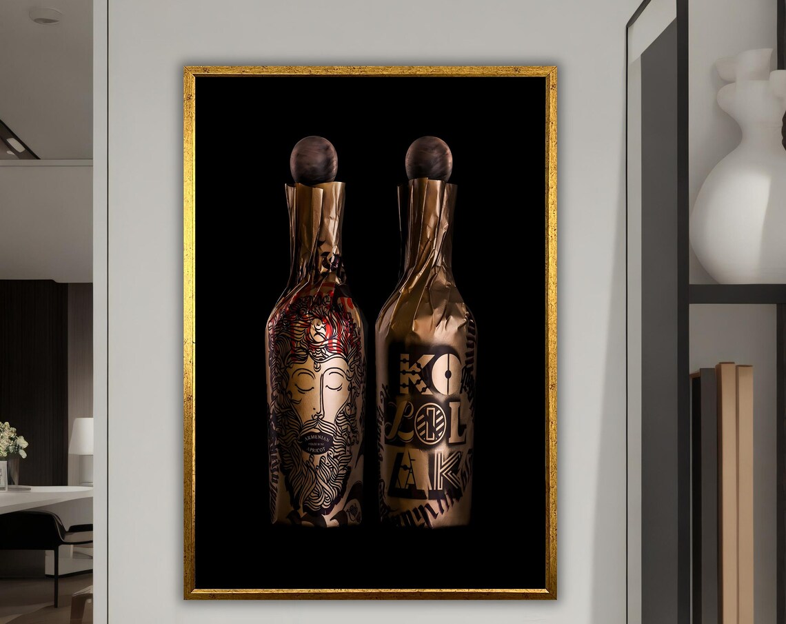Black And Gold Bottle Print Ready To Hang Artwork Modern Home Decor Unique Gift Idea Gold Home Decor Bottle Wall Art