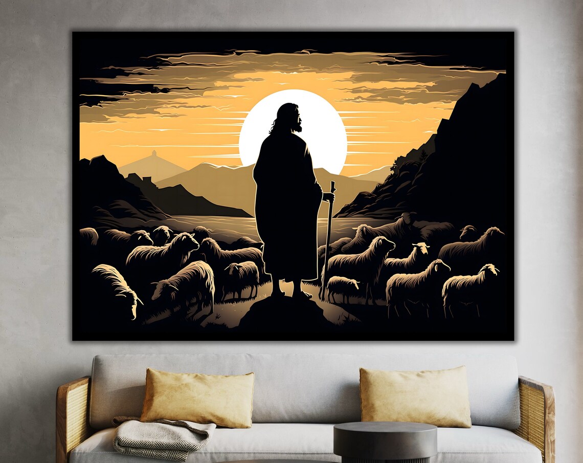 Jesus Good Shepherd Lambs Golden Sunset Silhouette Christian Art Poster