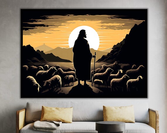 Jesus Good Shepherd Lambs Golden Sunset Silhouette Christian Art Poster