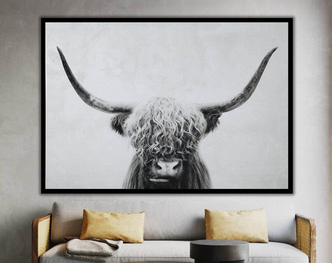 Highland Cow Black And White Shaggy Longhorn Minimalist Farm Poster