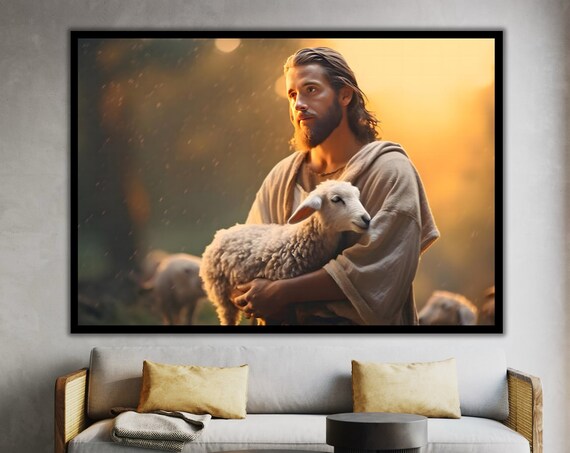 Jesus Holding Lamb Golden Light Tender Shepherd Christian Art Poster