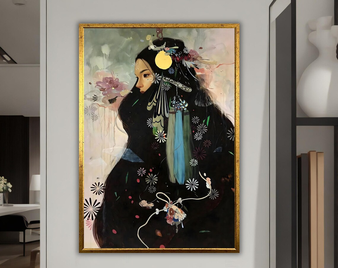 Moonlit Woman Profile Long Black Hair Floral Ethereal Portrait Poster