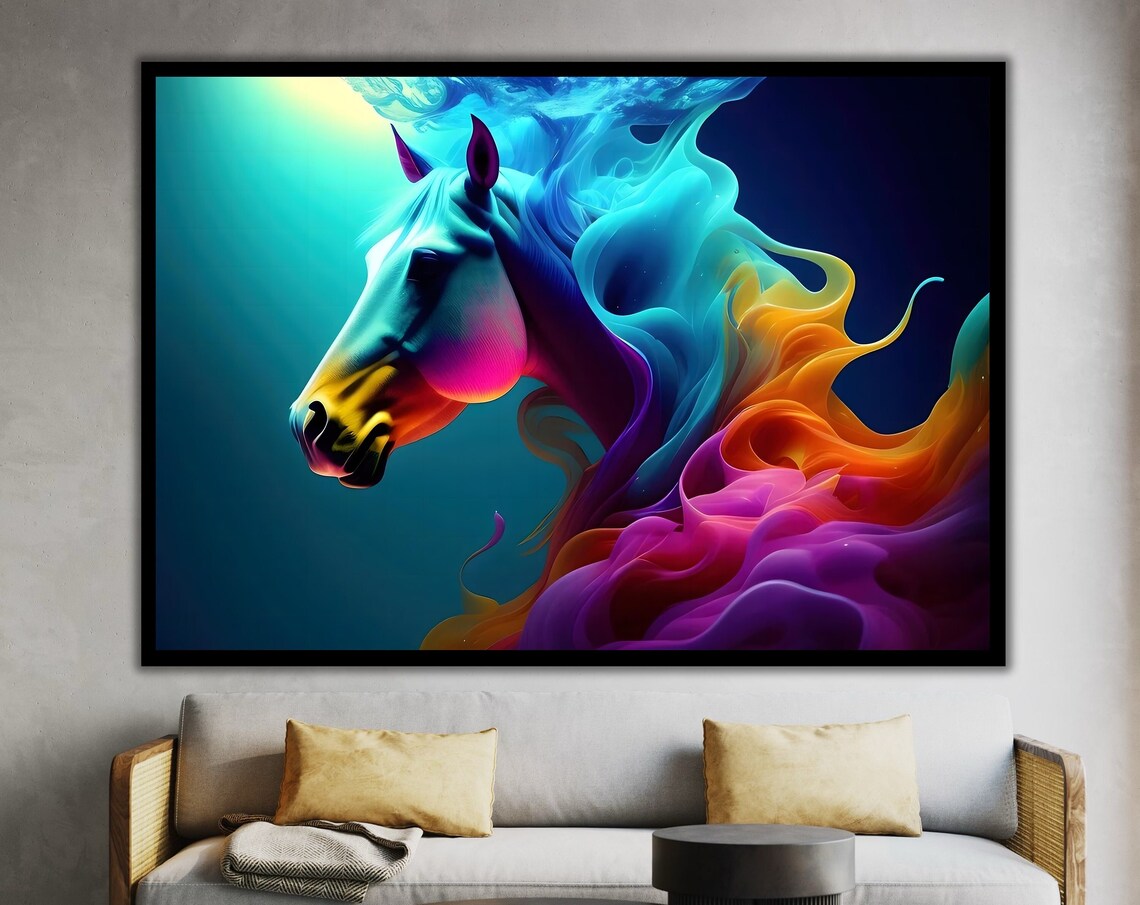Neon Horse Head Rainbow Smoke Colorful Digital Abstract Art Poster