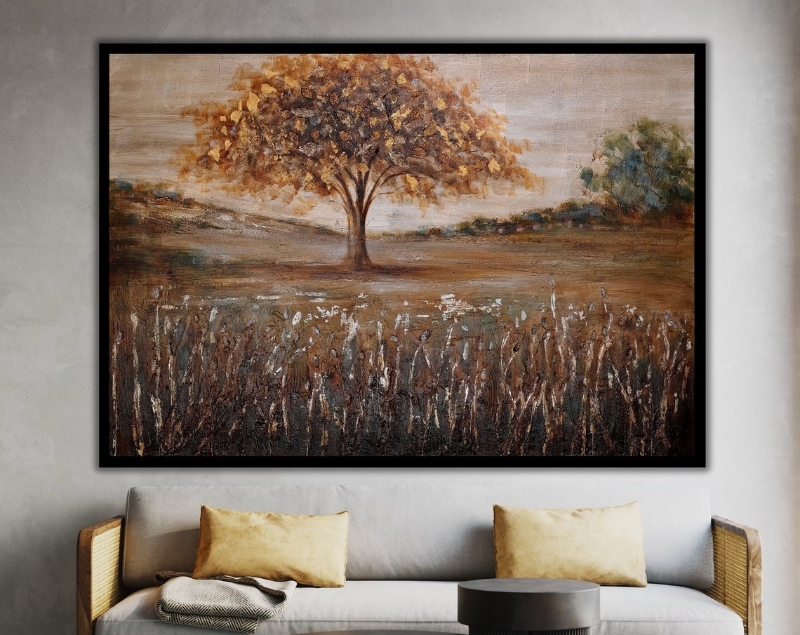 Golden Autumn Tree Field Textured Earth Tone Landscape Art Poster