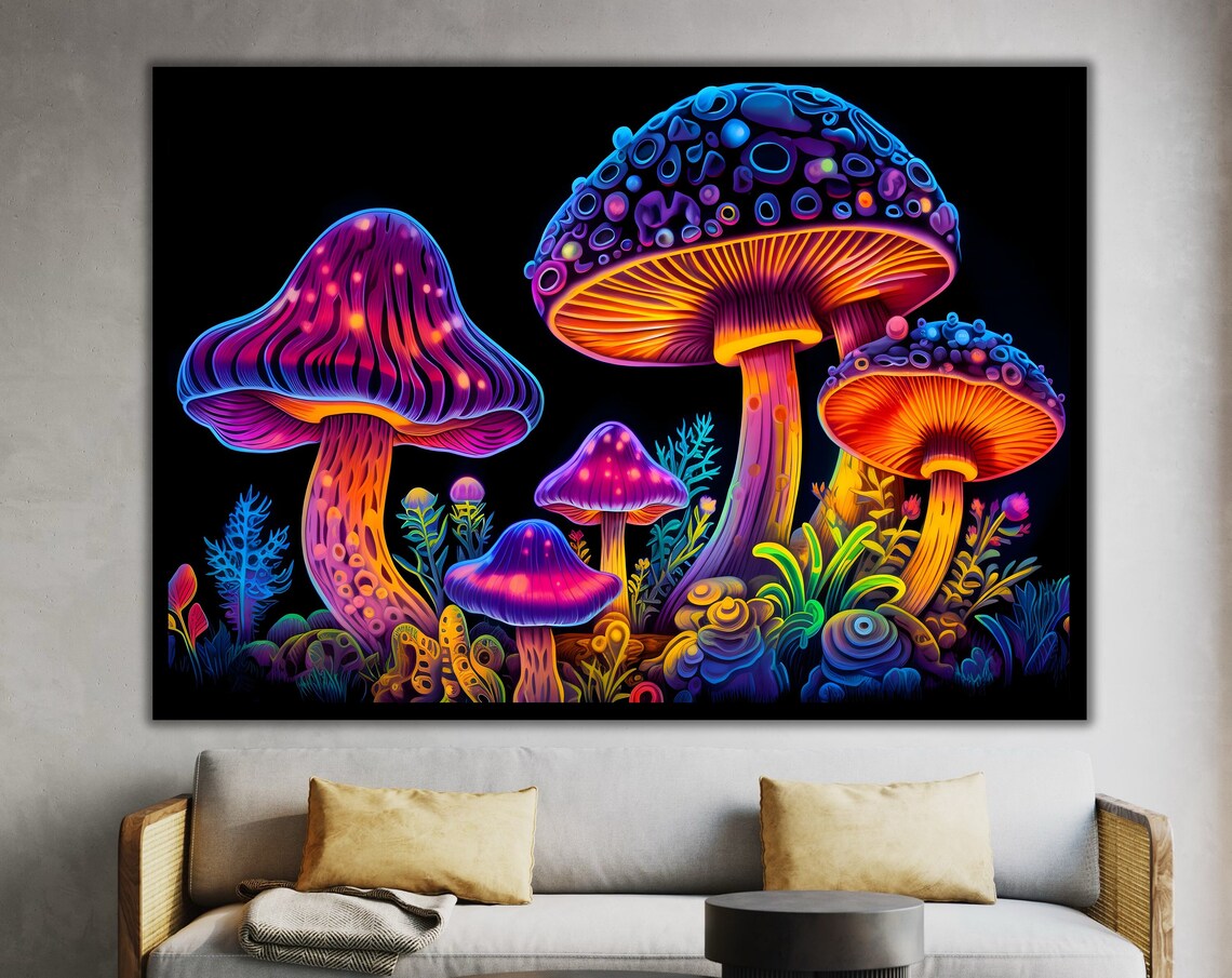 Neon Glow Mushrooms Art Print, Modern Decor