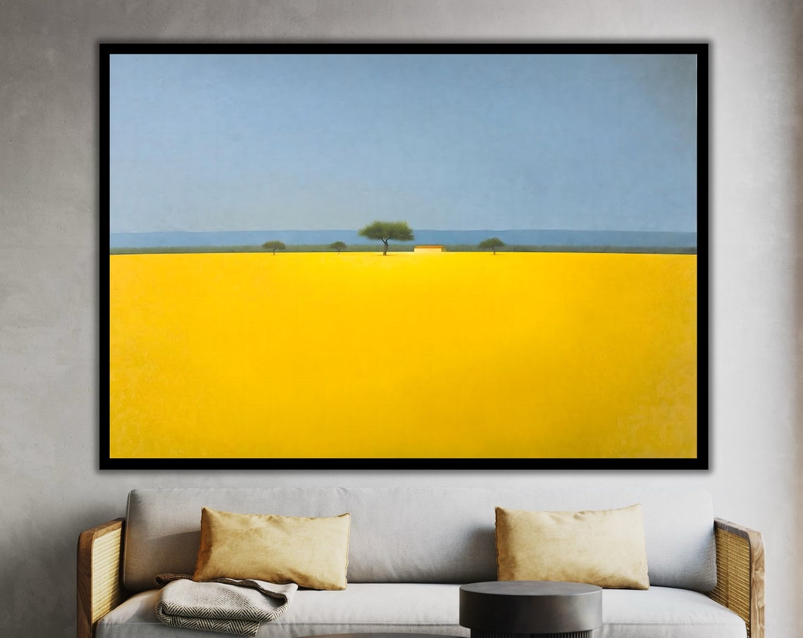 Minimalist Yellow Field Lone Trees Horizon Modern Landscape Art Poster