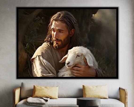 Jesus Holding the Lost Lamb Tender Christian Portrait Wall Art