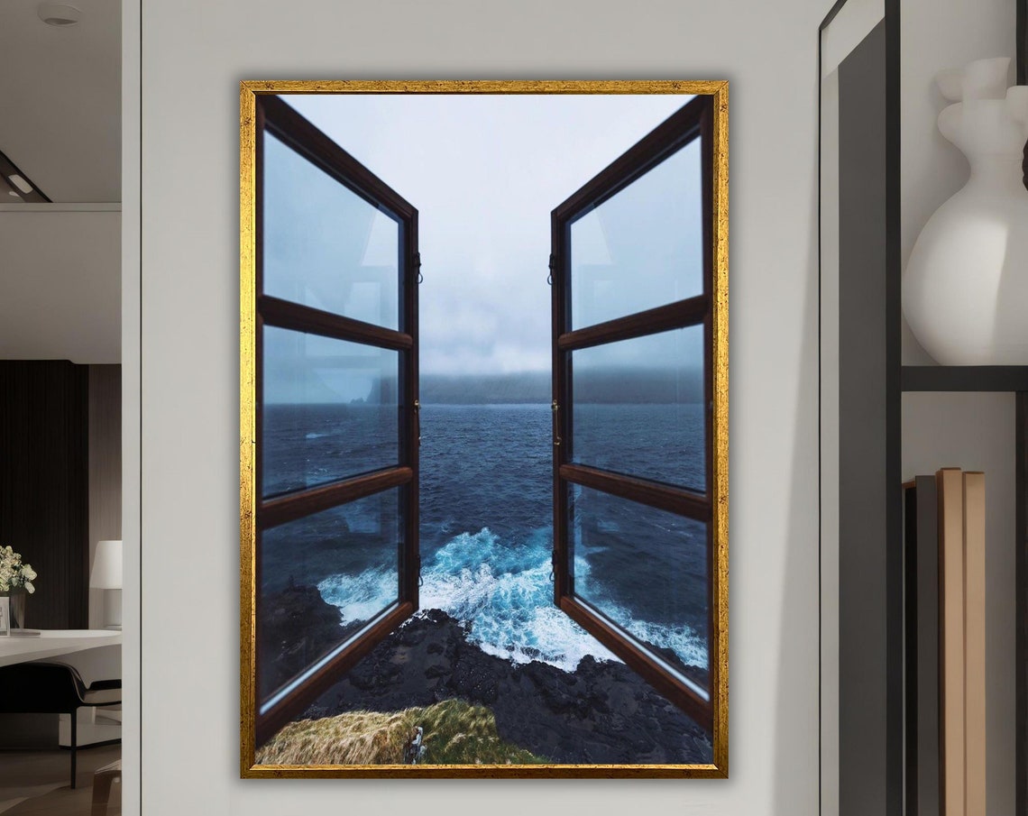 Open Window Ocean Waves Rocky Coast Faux Window View Art Poster