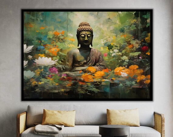 Buddha Statue Colorful Flower Garden Zen Meditation Art Poster