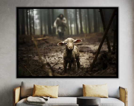 Jesus Running After Lost Lamb Misty Forest Panoramic Religious Poster