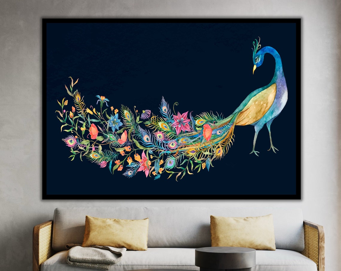 Floral Watercolor Peacock Elegant Bird Navy Background Wall Art Poster