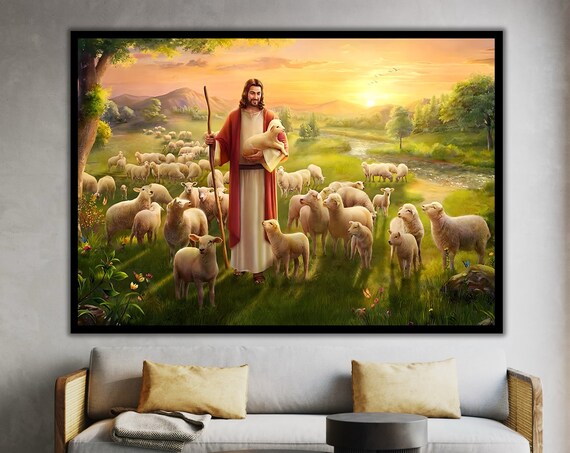 Jesus Good Shepherd Holding Lamb Flock Of Sheep Golden Sunset Field Poster