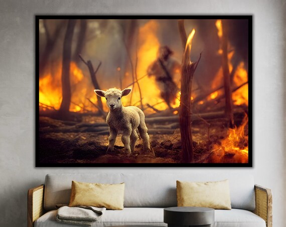 Jesus Running to Save Lamb From Burning Forest Christian Art Poster