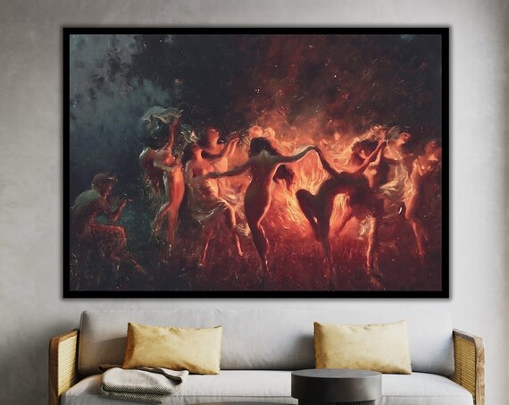 Fire Dance Print Witches Magic Art Large Size Painting Classic Red Black Framed Artwork Ready To Hang Unique Gift