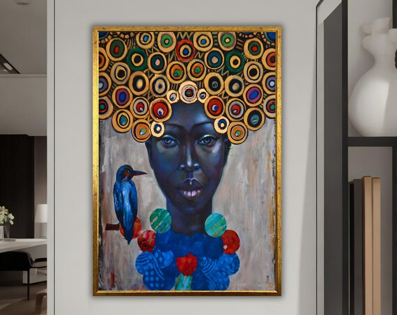 Colorful Circle Headdress Woman Portrait Blue Bird Modern Art Poster