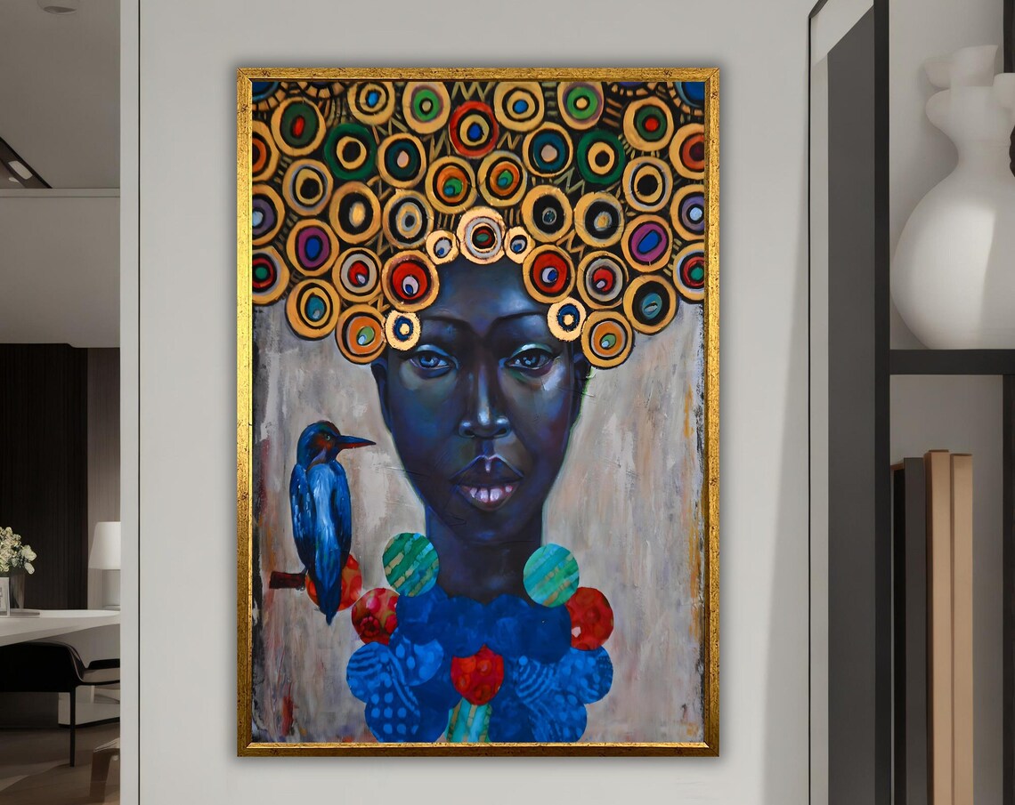 Colorful Circle Headdress Woman Portrait Blue Bird Modern Art Poster