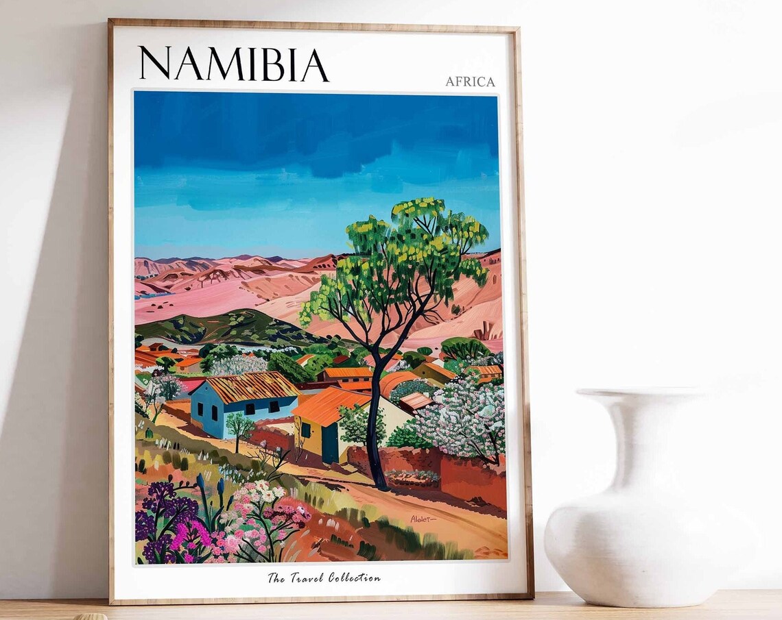 Namibia Africa Desert Hills Village and Flowering Trees Poster