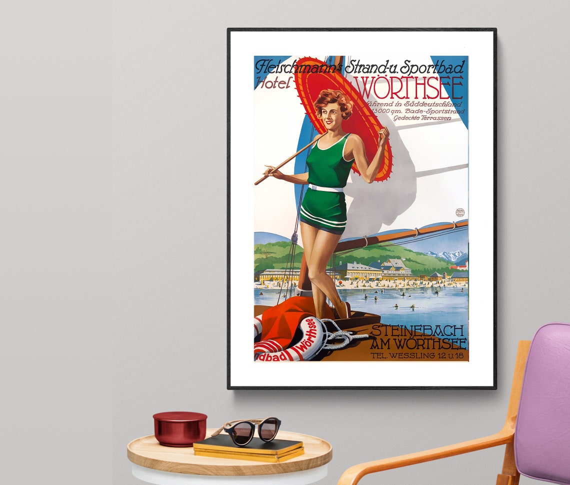 Fleischmanns Hotel Worthsee Bavarian Lake Swimming Vintage Poster