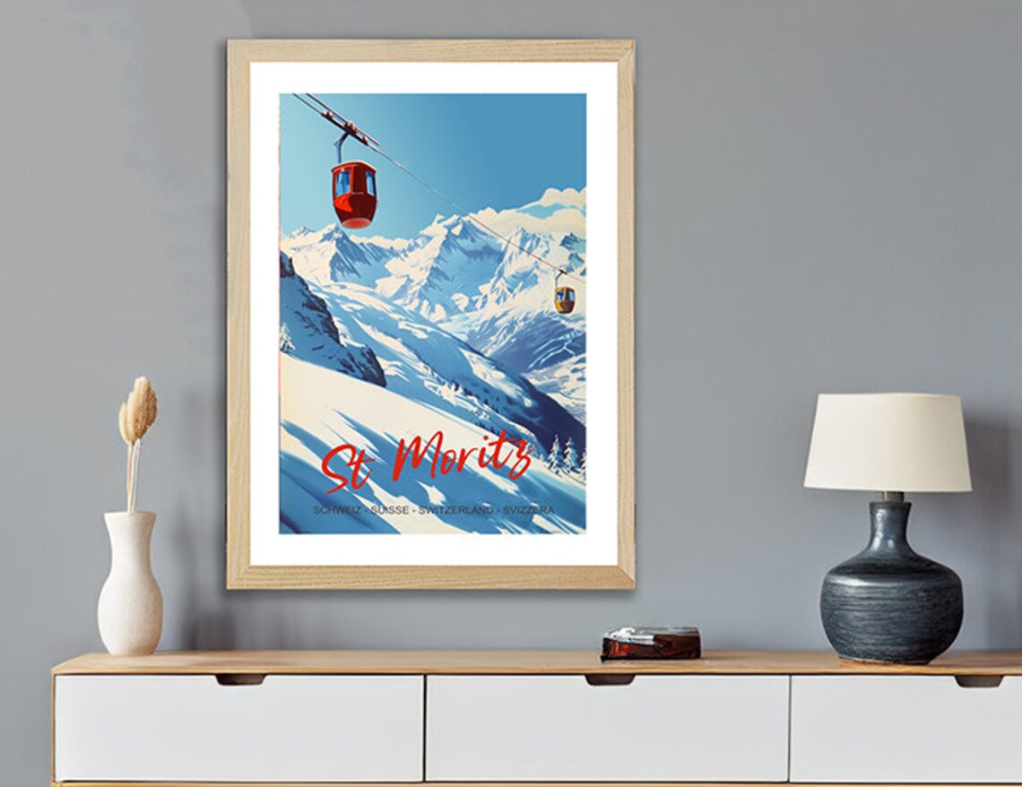 St Moritz Switzerland Red Gondola Cable Car Snowy Peaks Ski Resort Poster - Image 3