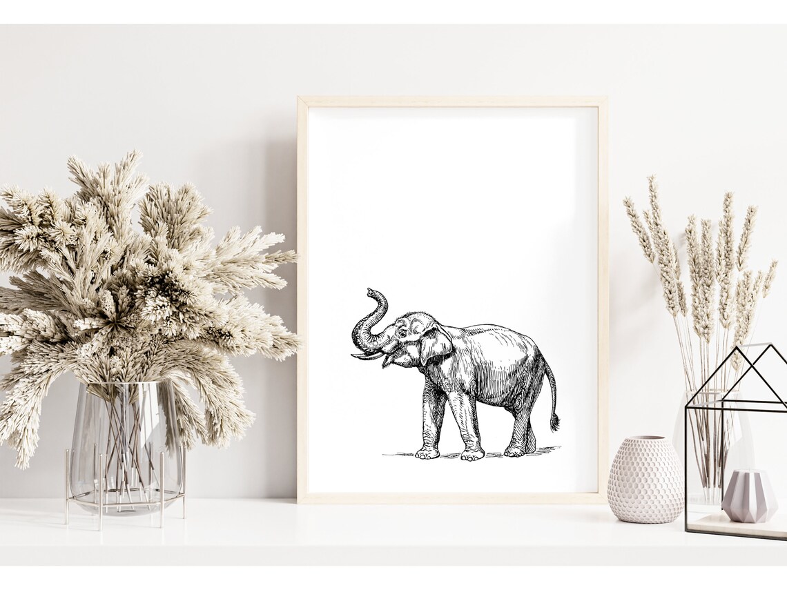 Elephant Sketch Black and White Safari Animal Ink Drawing Wall Print - Image 2