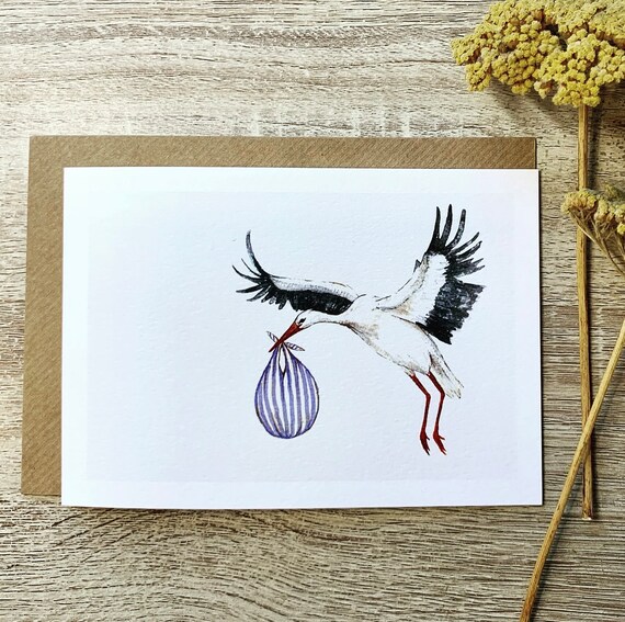 Stork With Blue Bundle Watercolor Print Baby Shower New Baby Card Art Decor