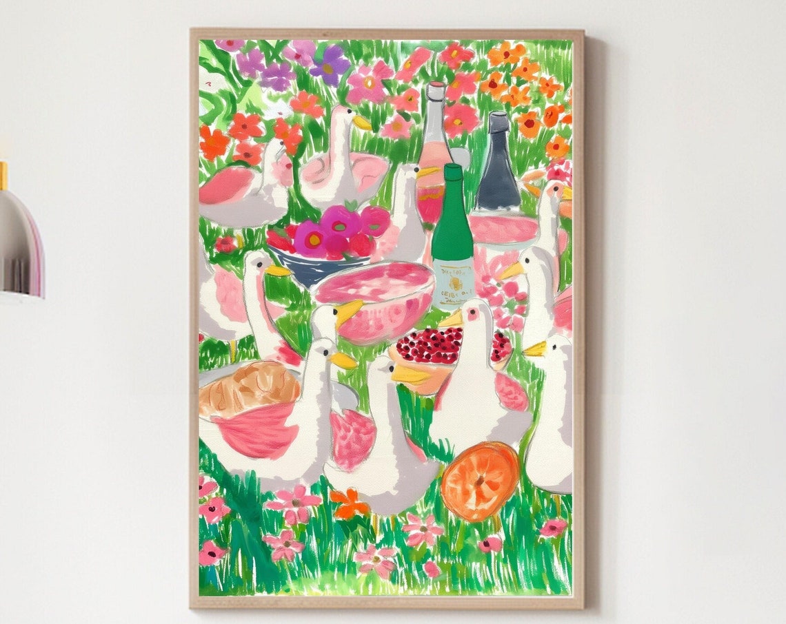 Whimsical Duck Picnic Party Floral Maximalist Colorful Wall Poster