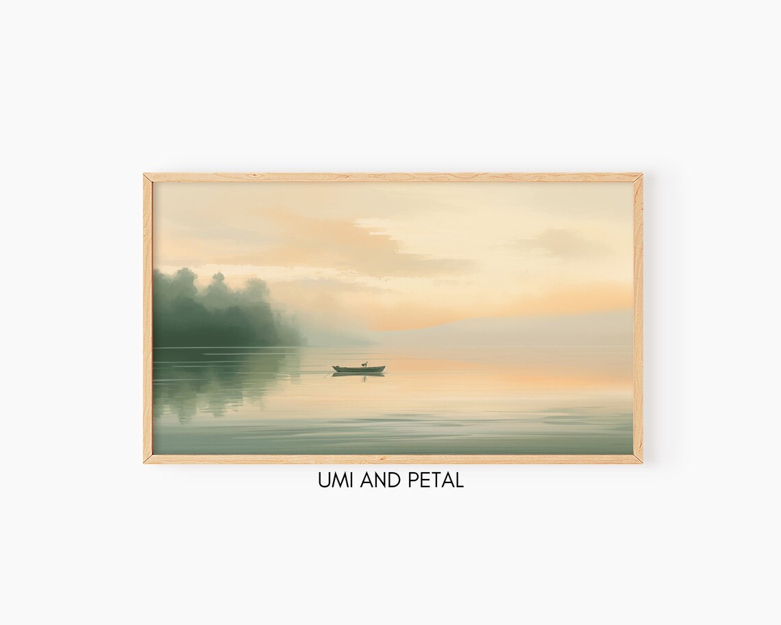 Sunrise Lake Boat Calm Water Warm Peach Sky Landscape Painting Poster
