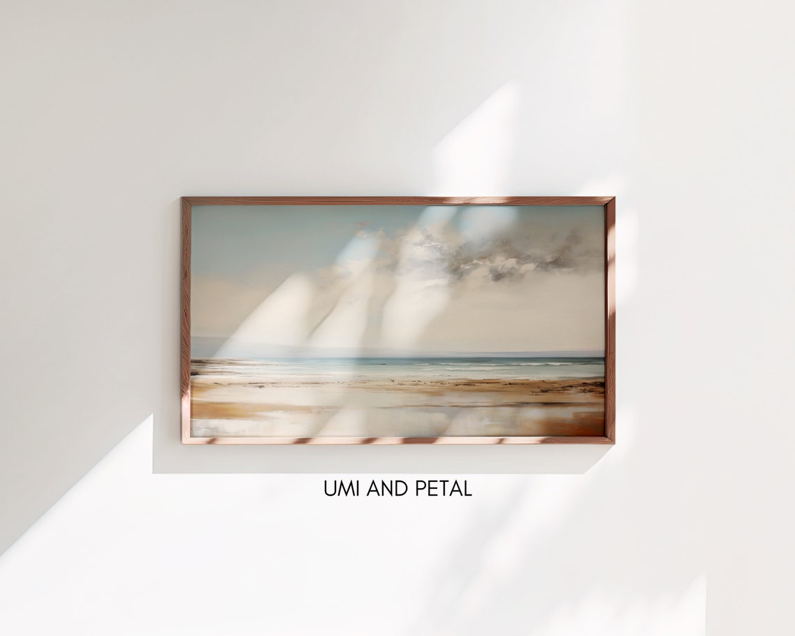 Serene Beach Shore Soft Clouds Calm Sea Coastal Oil Painting Poster - Image 3