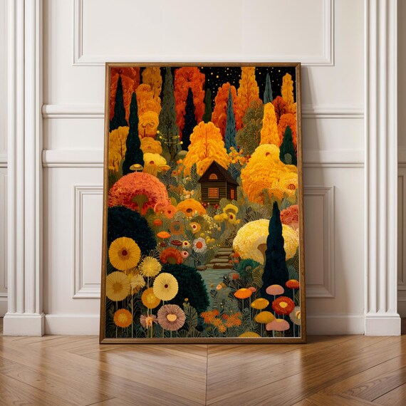 Cozy Cabin Among Golden Autumn Trees Folk Art Fall Wall Print
