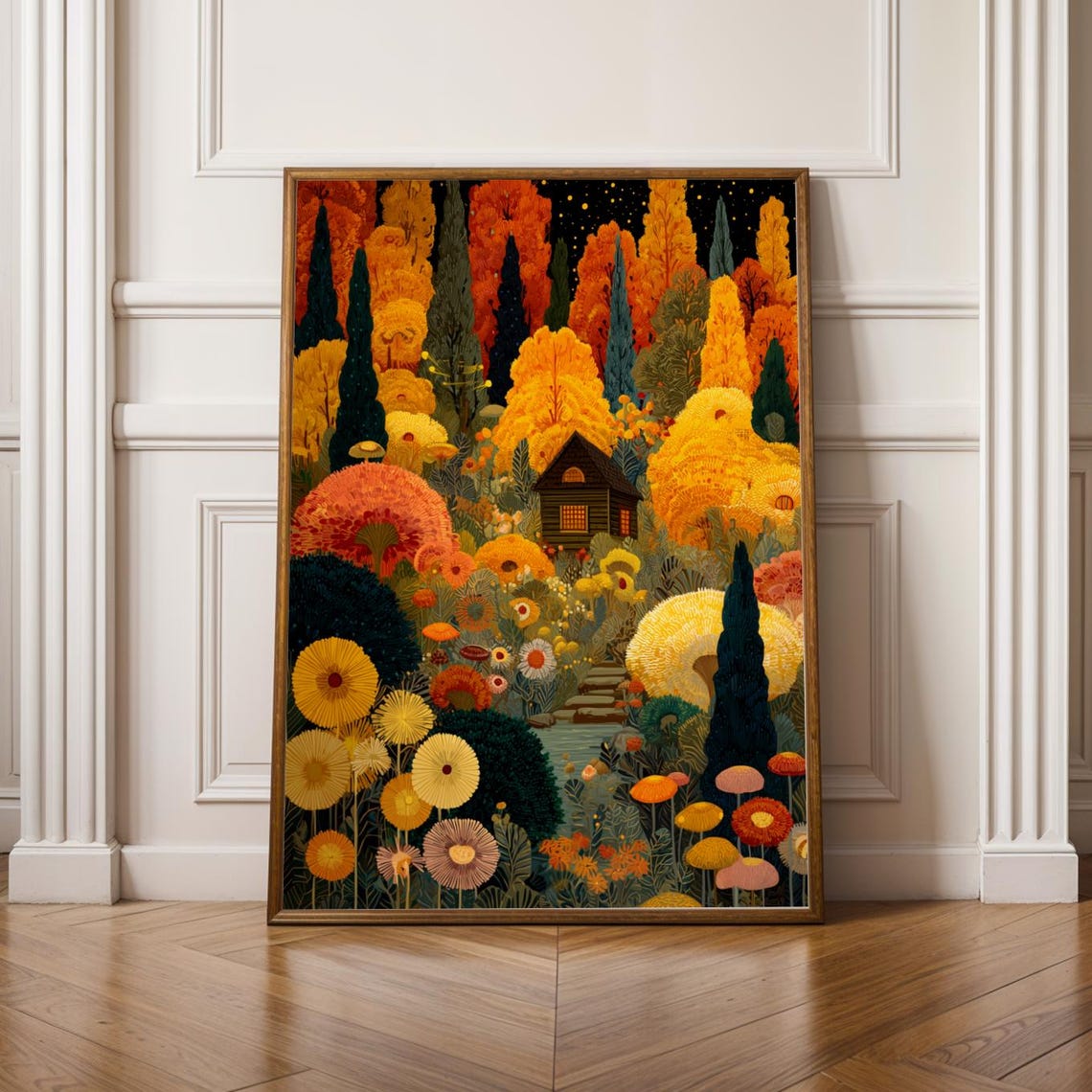 Cozy Cabin Among Golden Autumn Trees Folk Art Fall Wall Print