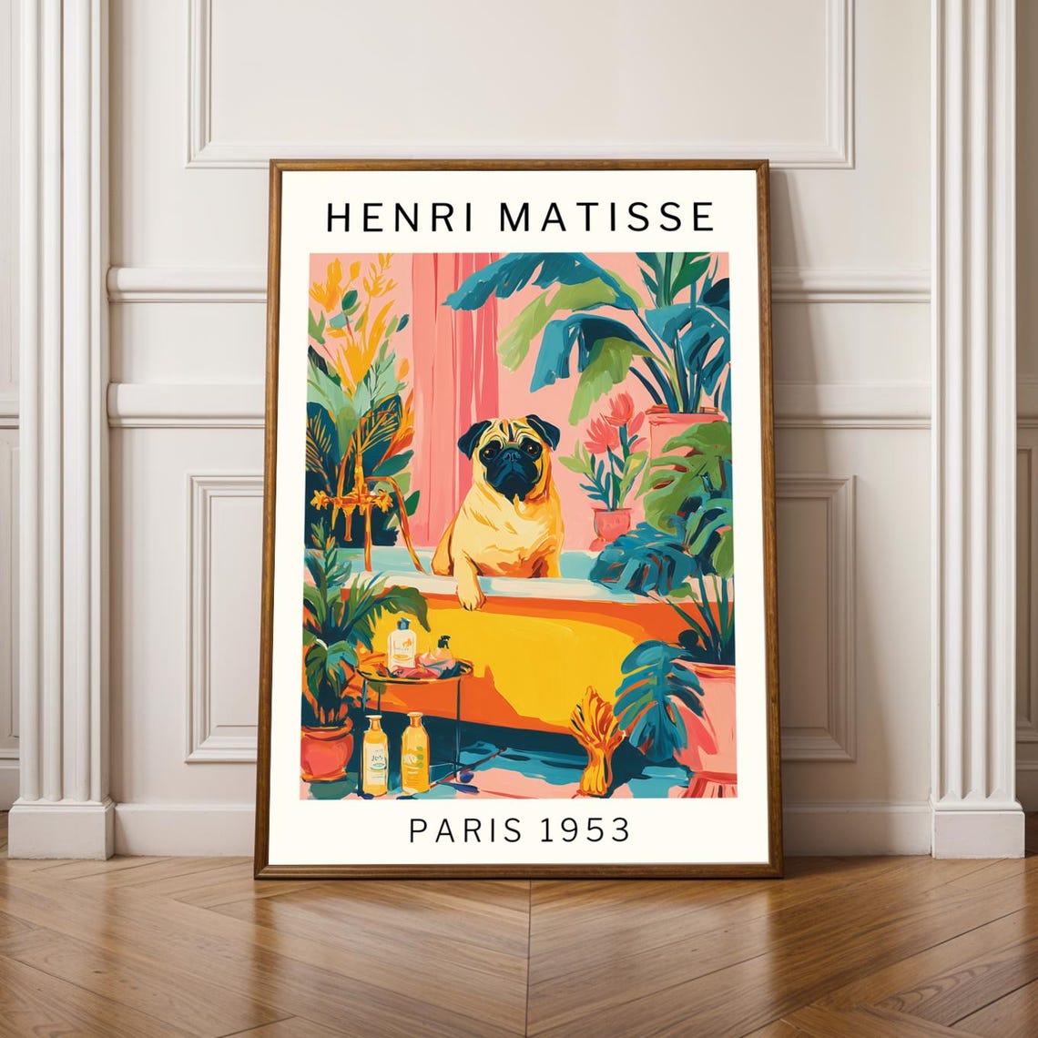 Henri Matisse Style Pug Yellow Bathtub Tropical Plants Poster