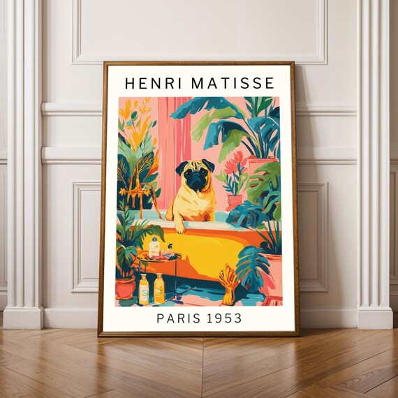 Henri Matisse Style Pug Yellow Bathtub Tropical Plants Poster