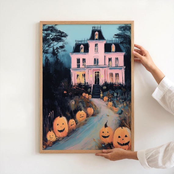Pink Halloween Wall Art Spooky Haunted House Goth Cute Decor Dorm Entryway Living Room Print