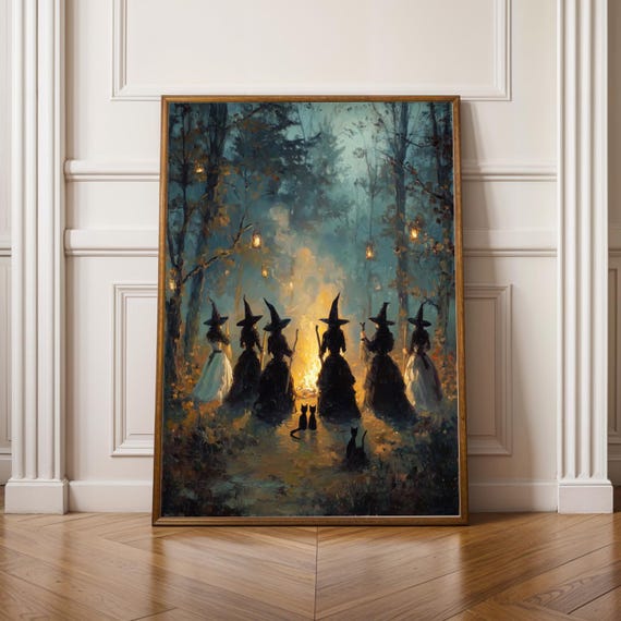 Witchy Wall Art Black Cat Print Mystical Coven Halloween Poster Gothic Witchcore Decor Whimsigoth Dark Academia Physical