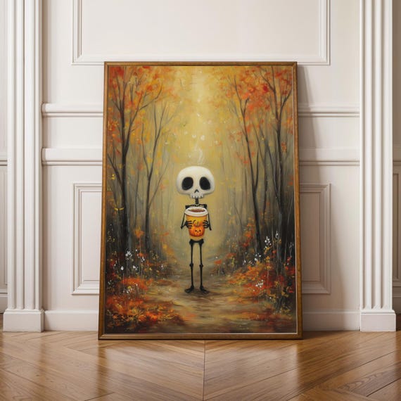 Skeleton Autumn Forest Poster Vintage Gouache Fall Art Print Pumpkin Spice Latte Decor Cozy Halloween Wall Whimsical Orange Yellow