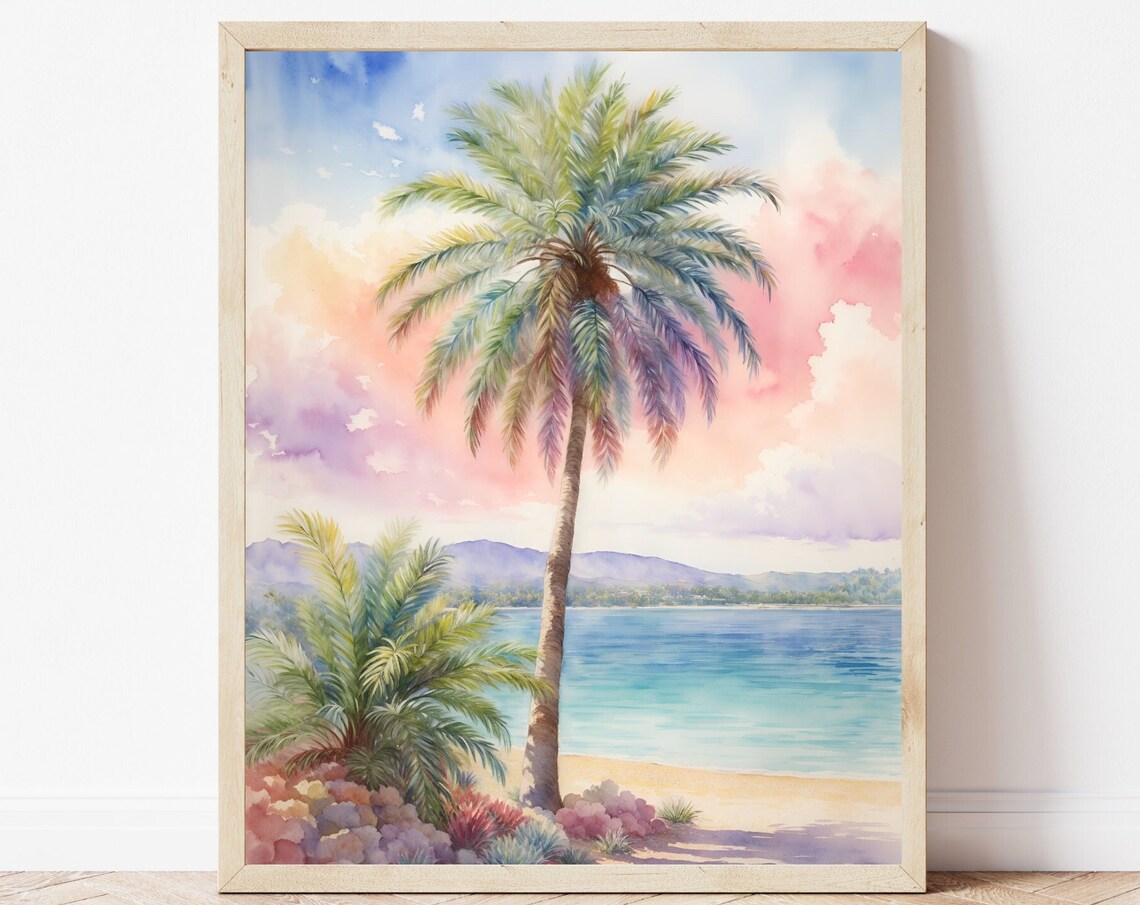 Tropical Palm Tree Beach Sunset Island Watercolor Art Poster