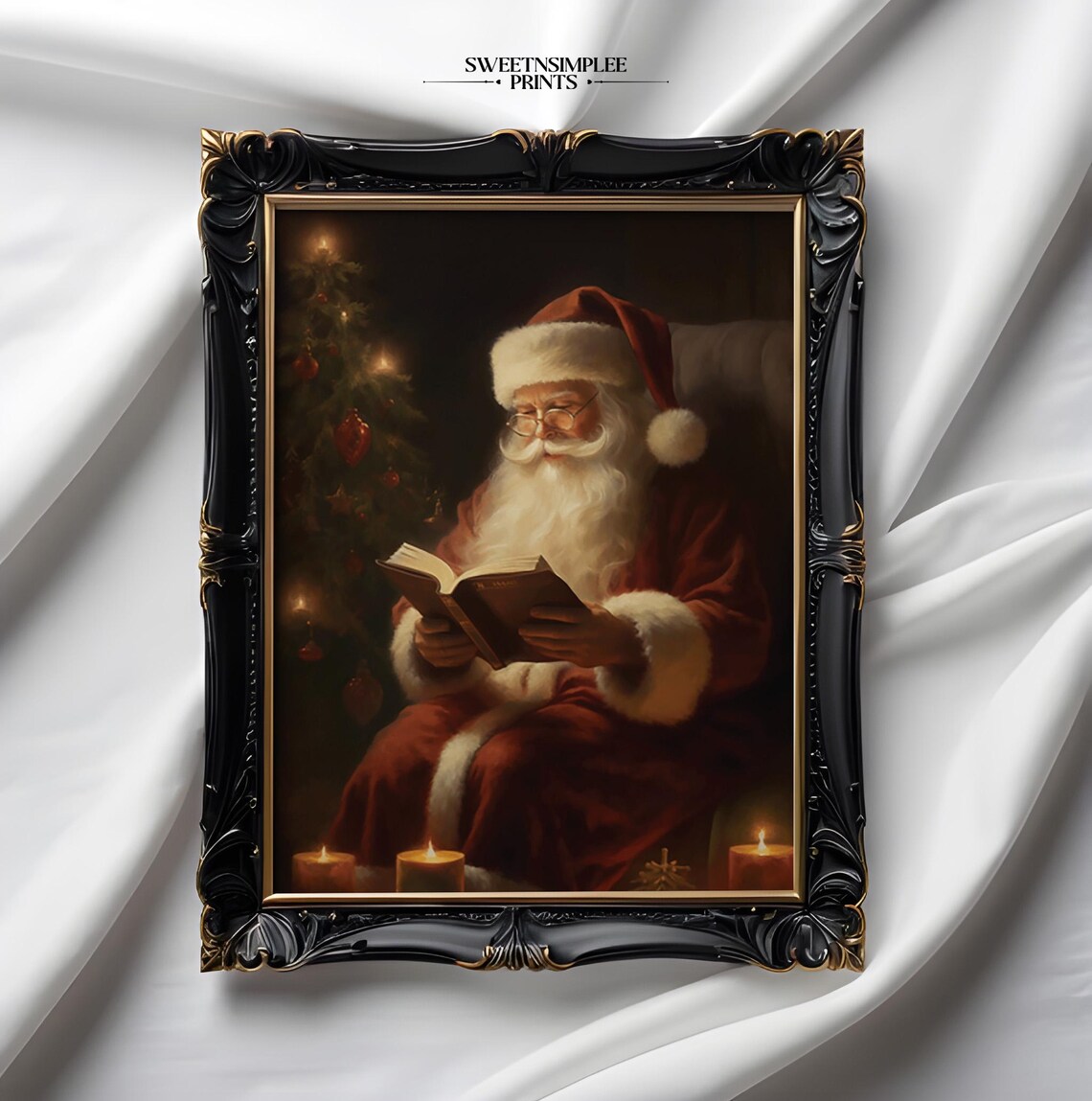 Santa Claus Reading Book By Candlelight Vintage Oil Painting Poster - Image 2