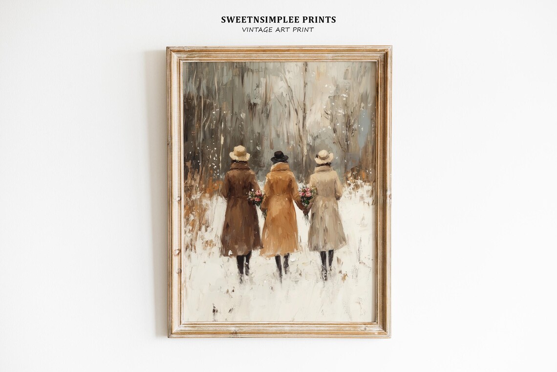 Three Sisters Walking in Snow Winter Sisters Painting Vintage Wall Art