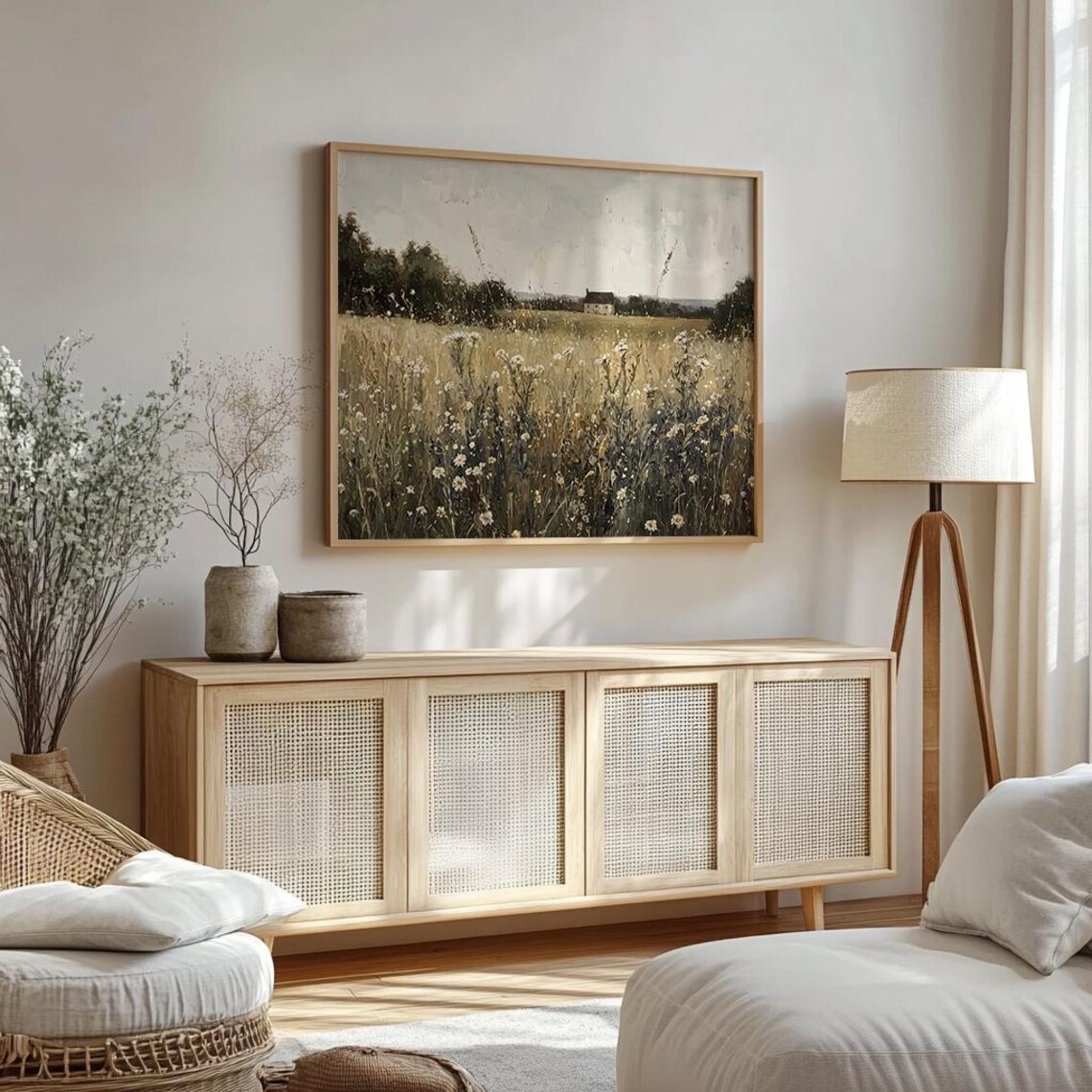 Wildflower Field Landscape Distant Farmhouse Autumn Meadow Scene Wall Art - Image 3