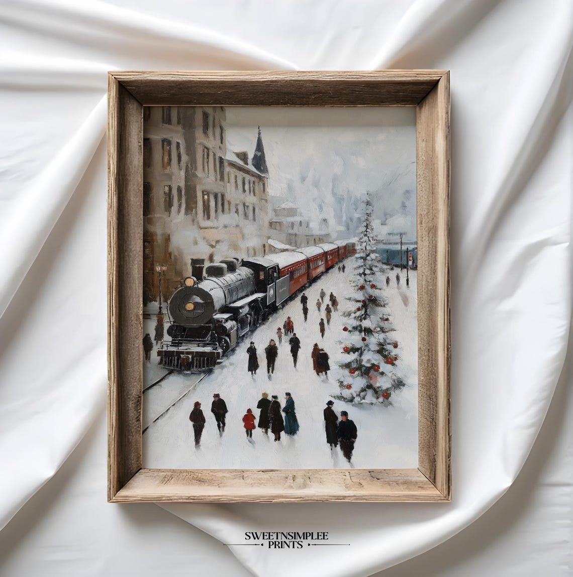 Vintage Snowy Train Station Poster Steam Locomotive Christmas Scene - Image 2