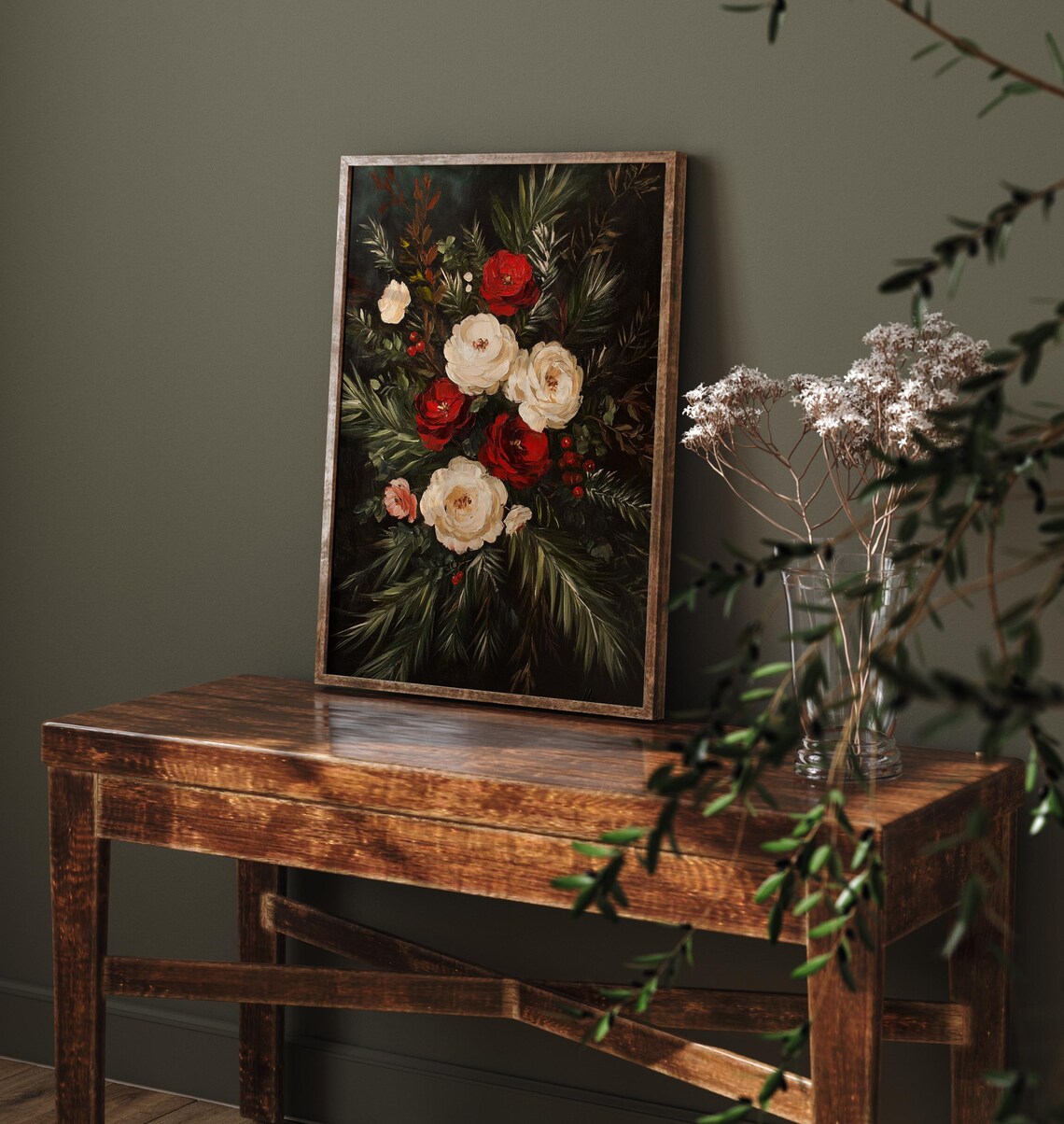 Vintage Red and White Rose Bouquet Floral Oil Painting Poster - Image 3