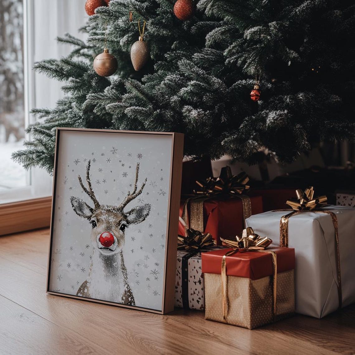 Cute Red Nosed Reindeer With Snowflakes Whimsical Christmas Poster - Image 3